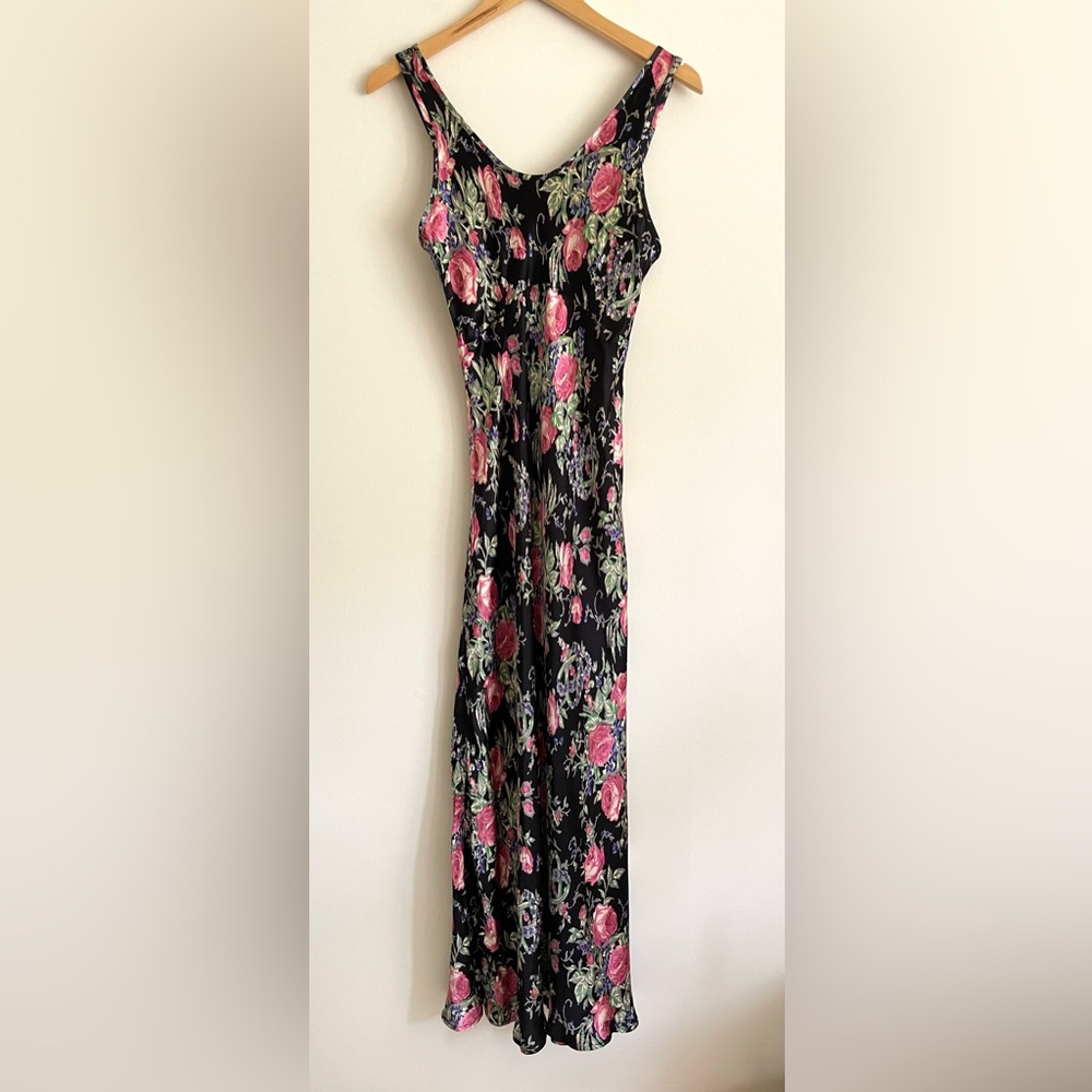 Betsey Johnson Vintage 90s Floral Satin Sleeveless Long Maxi Slip Dress Gown